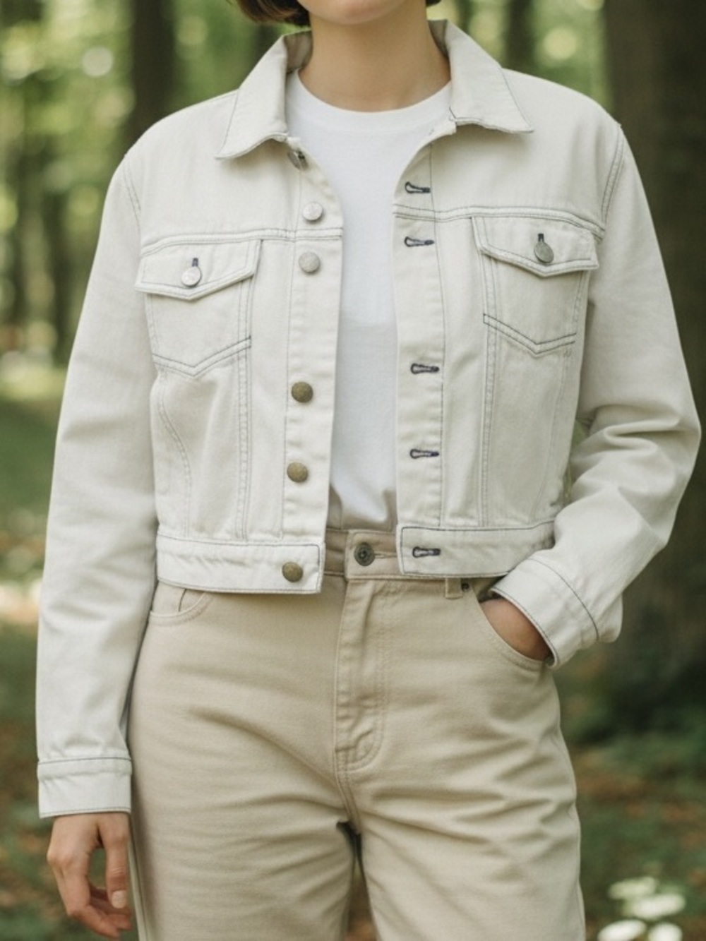 Revolve LPA cropped jean jacket,sz medium, winter white, silver buttons